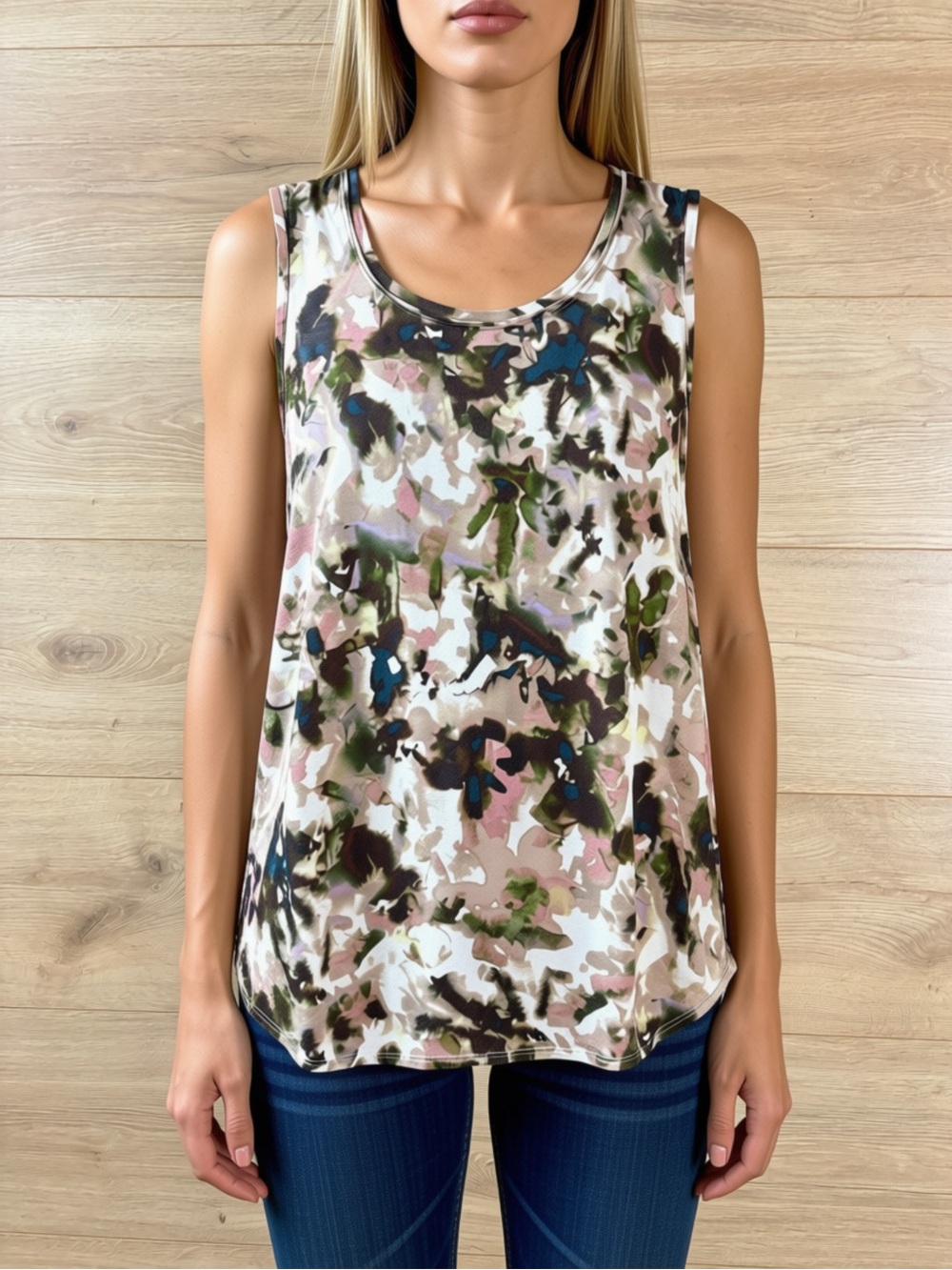 Simply Vera Vera Wang Floral Camo Scoop Neck Tank - Hi Low Stretchy Jersey Knit